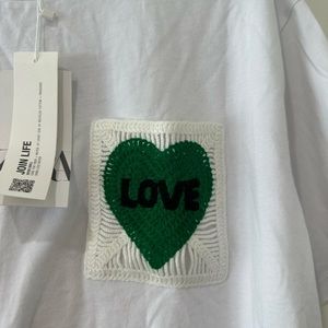 Zara white short sleeve tee shirt with green knit embroidered LOVE top